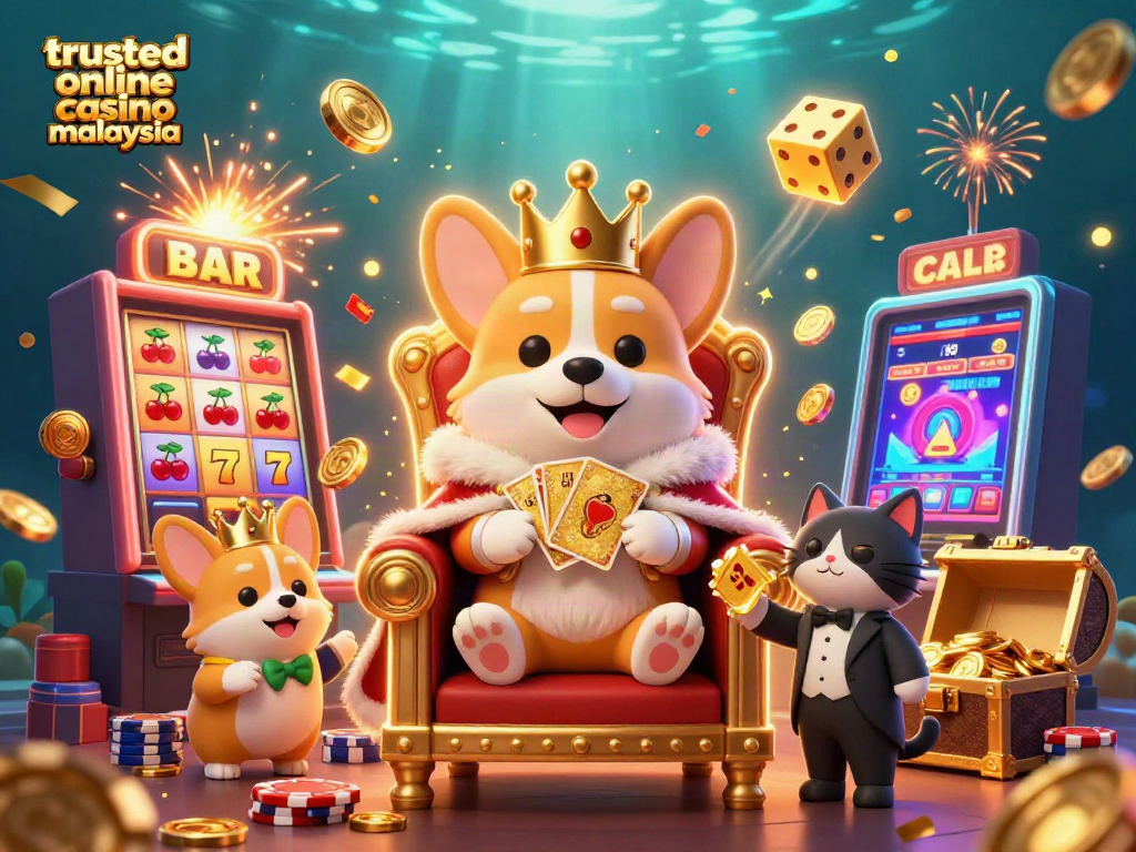 Experience the thrill of trusted online casino Malaysia with playful corgis and casino elements.