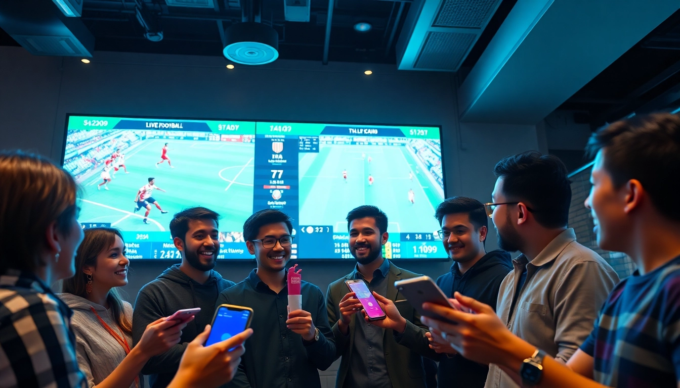Tỷ lệ kèo updates displayed on a digital screen at a vibrant sports betting bar.