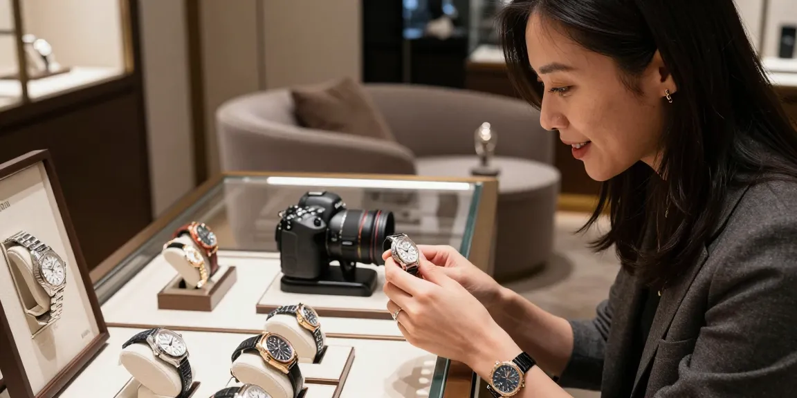 Shopper exploring luxury 시계 레플리카 in an upscale boutique