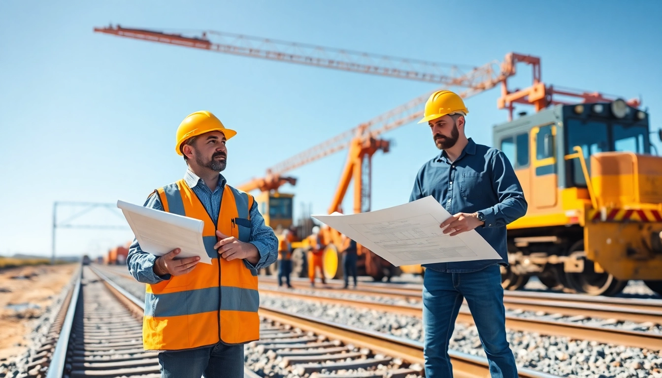 Railroad Contractors USA evaluating a construction site with machinery and teamwork.