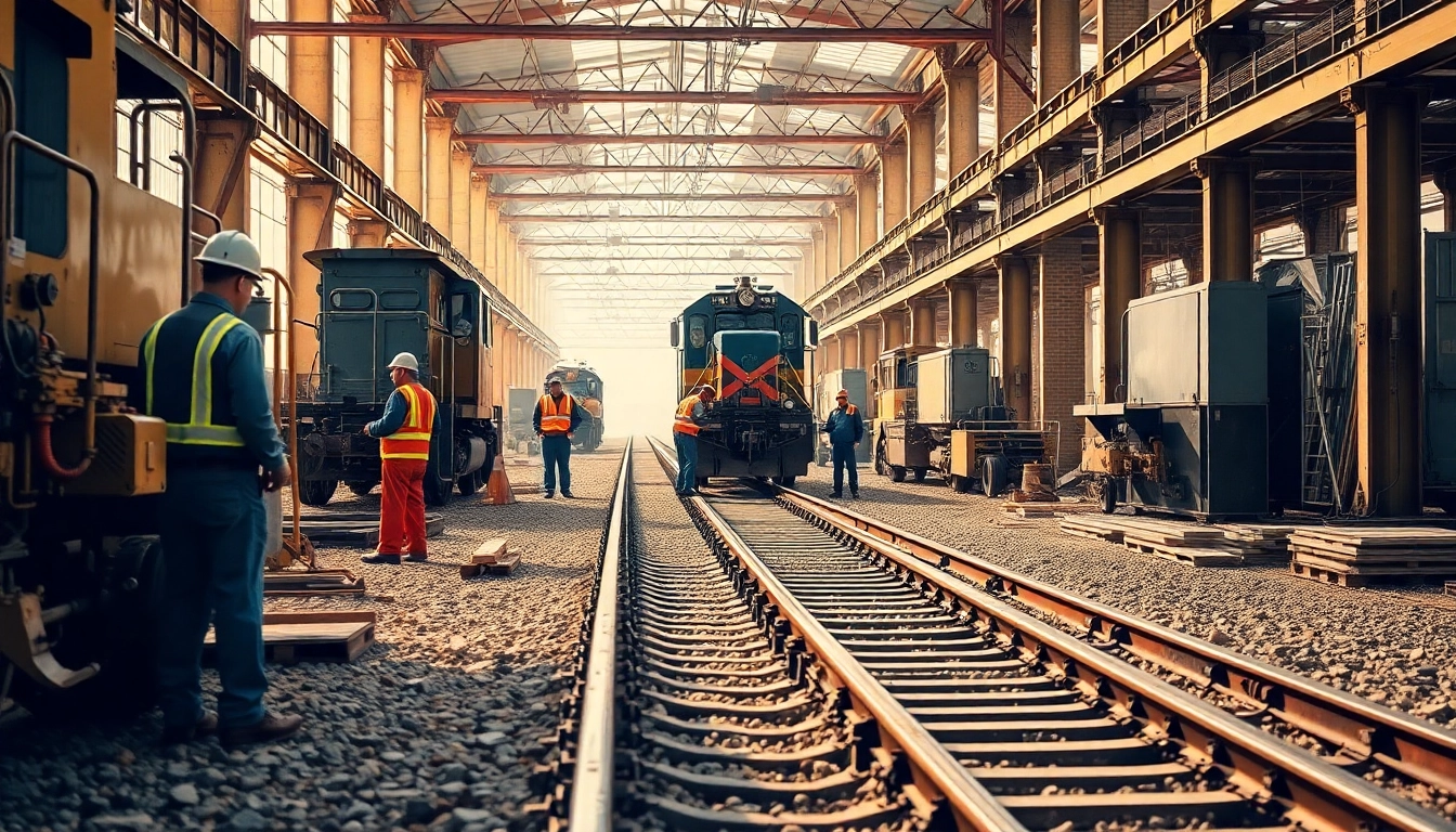 Workers installing tracks for great plains rail construction with machinery and tools.