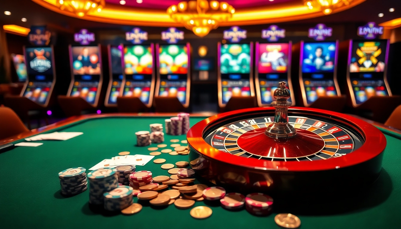 Scène captivante mettant en avant le casino en ligne argent réel France avec des jetons de poker et une roue de roulette.