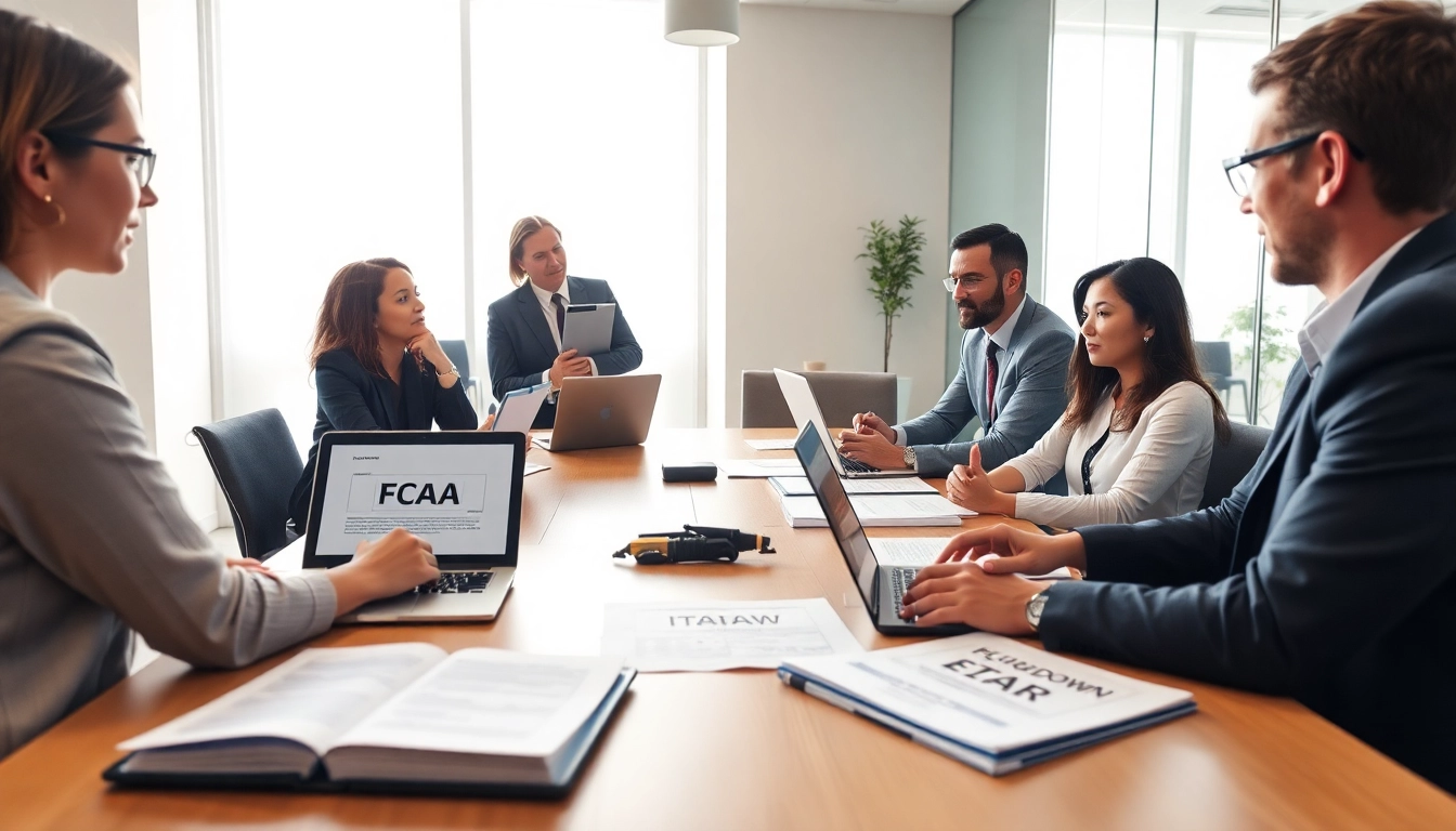 Discussing FCPA/DCAA/Flowdown/ITAR/EAR compliance in a professional office setting.