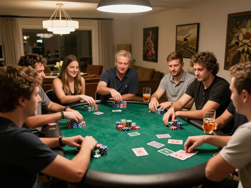 Casino esteri per italiani enjoying a friendly poker game night with chips and cards visible on the table, creating a vibrant and social gambling atmosphere
