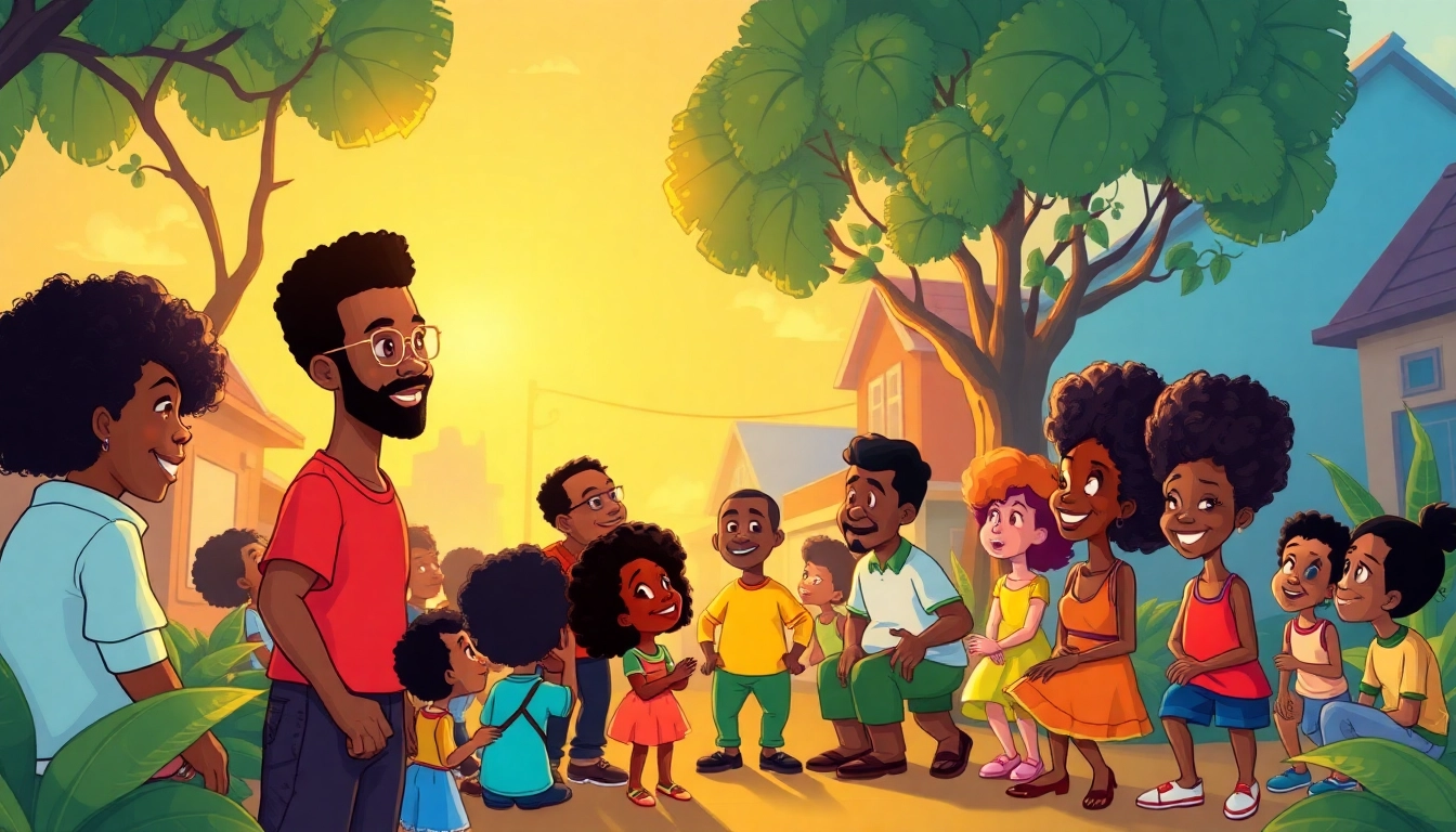 A vibrant scene celebrating African American cartoons with iconic animated characters from various series, featuring a colorful and whimsical neighborhood.