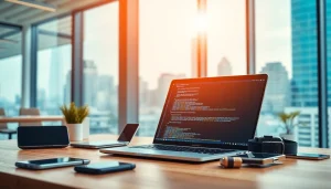 Showcase Technology advancements with innovative devices and a vibrant workspace atmosphere.