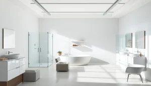 Die hochwertigen Glasduschwände und Möbel von sonni sanitär GmbH in modernem Showroom-Design präsentieren.