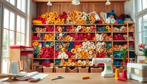 Katoen stoffen gegroepeerd in een creatieve studio met kleurrijke decoraties.