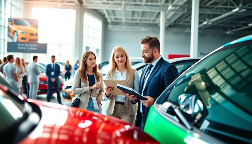 Explore options to buy a car in a lively dealership filled with various vehicle choices.