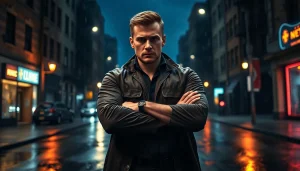 Detective contemplating in a gritty setting, evoking themes Like Jack Reacher.