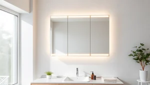 Spiegelschrank led mit eleganter Beleuchtung und modernem Design im Badezimmer präsentieren.