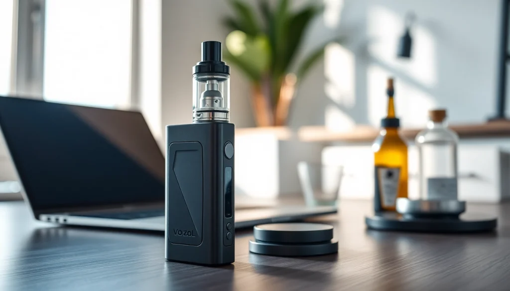 Vozol Vape-Gerät elegant in einem modernen Arbeitsbereich mit hochwertiger Ausstattung präsentieren.