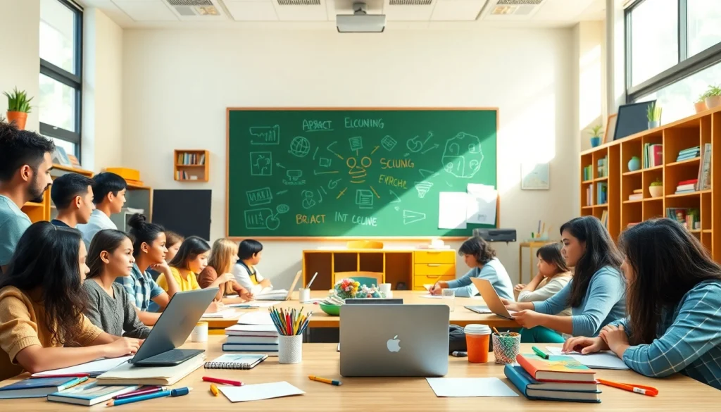 Students engaging in collaborative learning in a bright classroom setting focused on Education.