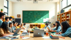 Students engaging in collaborative learning in a bright classroom setting focused on Education.