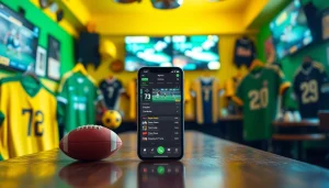 Engaging sports betting scene highlighting online sportsbooks India on a smartphone amidst lively sports memorabilia.