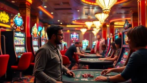 Engaged players at an online casino Canada, featuring vibrant gaming machines and lively atmosphere.