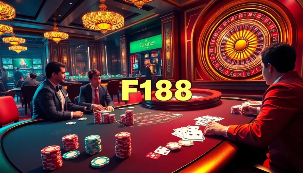 Get lucky at F168 casino, featuring a thrilling poker game with vibrant chips and cards.