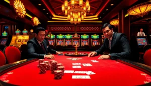 Win big at https://jun88buzz.info/ in a thrilling casino poker scene with focused players and vibrant slot machines.