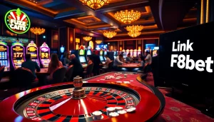 Exciting casino atmosphere showcasing Link F8bet with roulette and poker games