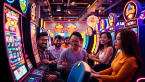 Situs kode4d online gaming environment with diverse players enjoying colorful slot machines.