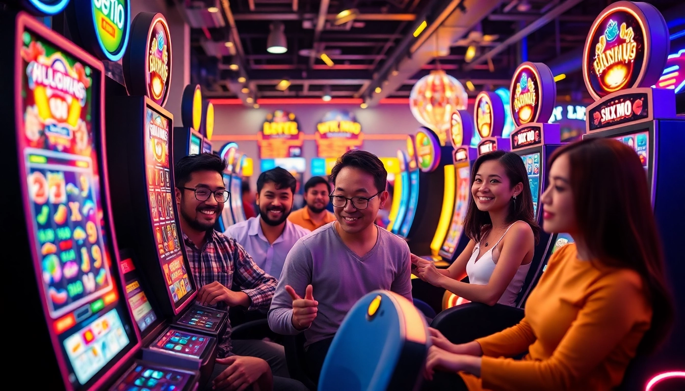 Situs kode4d online gaming environment with diverse players enjoying colorful slot machines.