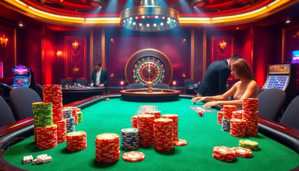 A vibrant casino scene showcasing 6RWIN33 COM with players at a poker table and a roulette wheel.