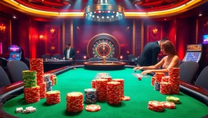 A vibrant casino scene showcasing 6RWIN33 COM with players at a poker table and a roulette wheel.