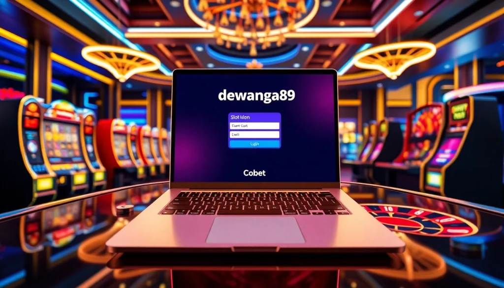Gambar visual yang menarik yang menampilkan antarmuka login slot DEWANAGA89 dalam lingkungan kasino yang hidup dan penuh kegembiraan.