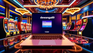 Gambar visual yang menarik yang menampilkan antarmuka login slot DEWANAGA89 dalam lingkungan kasino yang hidup dan penuh kegembiraan.