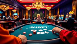 Experience thrilling gameplay with SHBET at an elegant online casino featuring poker tables and vibrant slots.
