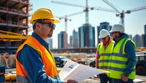 Manhattan Construction Manager overseeing a construction site, collaborating with team members.