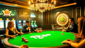 Players are enjoying an exciting game at the TK88 poker table filled with vibrant chips and cards.