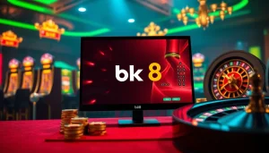Experience thrilling online gaming action at bk8 with dynamic casino tables, vibrant chips, and a roulette wheel.