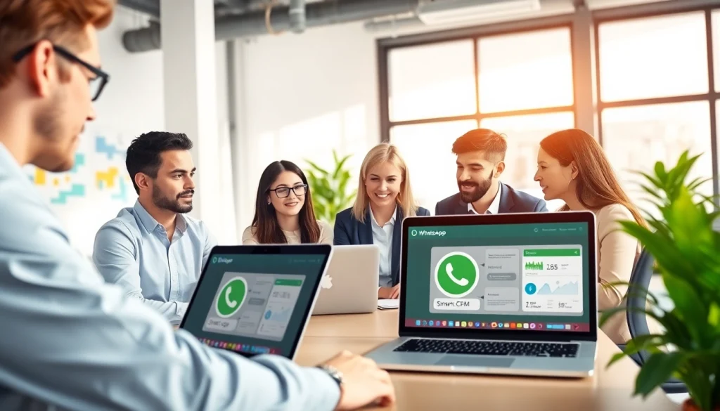 Team members collaborating using WhatsApp Smart CRM tools in a bright office setting.