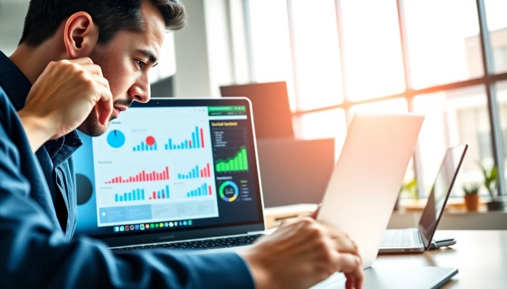 Engaging professional working on Facebook SMM Panel strategies with vibrant analytics graphics.