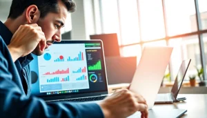 Engaging professional working on Facebook SMM Panel strategies with vibrant analytics graphics.