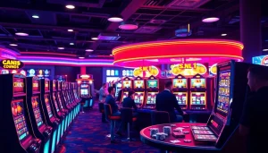 Menikmati slot pulsa 5000 dengan mesin slot berwarna-warni dan suasana kasino yang meriah.