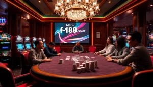 Experience excitement at https://f168.today/ with players enjoying poker and slot machines in a luxurious casino setting.