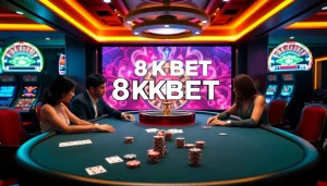 Experience high-stakes excitement at 8KBET casino with poker chips and roulette wheel.