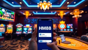 HM88 link displayed on a smartphone in an elegant online casino setting, showcasing gaming excitement.