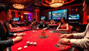 Excitement in a casino table game with players at trang chủ nh88 engaging in poker and roulette.