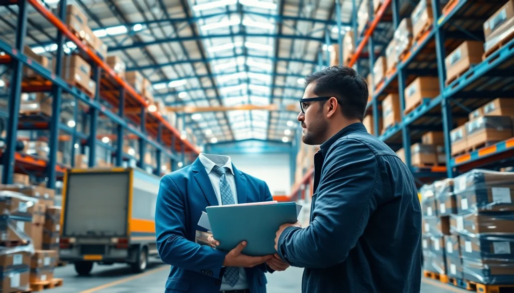 Logistics operations manager coordinating goods movement in a vibrant warehouse environment.