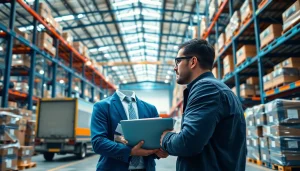 Logistics operations manager coordinating goods movement in a vibrant warehouse environment.