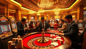 RR88 gamblers placing bets at an elegant casino table filled with poker chips and cards.