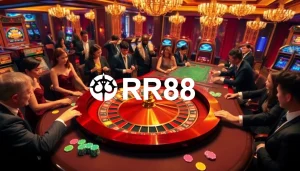 RR88 gaming enthusiasts engaging with a vibrant roulette table in a luxurious casino setting.