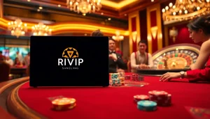 Experience thrilling poker games at RIKVIP's luxurious casino setting with vibrant chips and a roulette wheel.