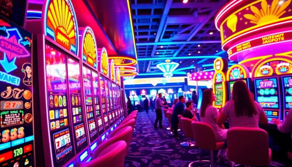 Menampilkan slot depo 1k dengan mesin permainan berwarna cerah dan pemain yang merayakan kemenangan.