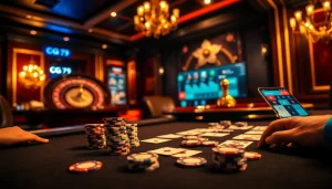 Trải nghiệm cảm giác hồi hộp từ ứng dụng cg 79 với hình ảnh trực quan trò chơi poker và roulette động.