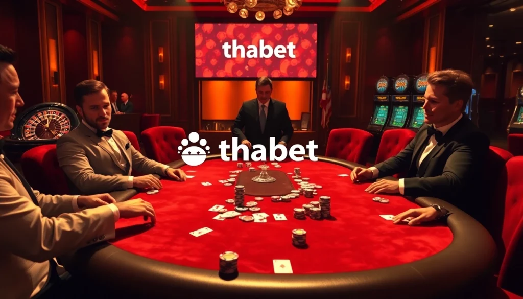 Players enjoying a high-stakes poker game at thabet casino, surrounded by luxury and excitement.