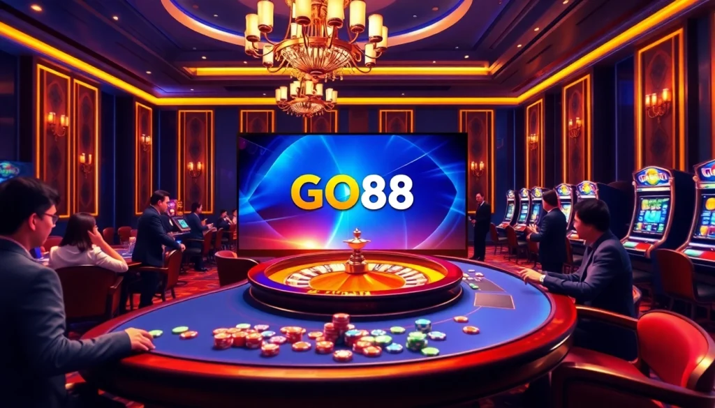 Experience thrilling gameplay at GO88 online casino with poker chips and roulette.